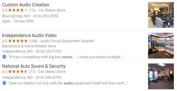 google three pack for search query example, showing ratings and number of reviews